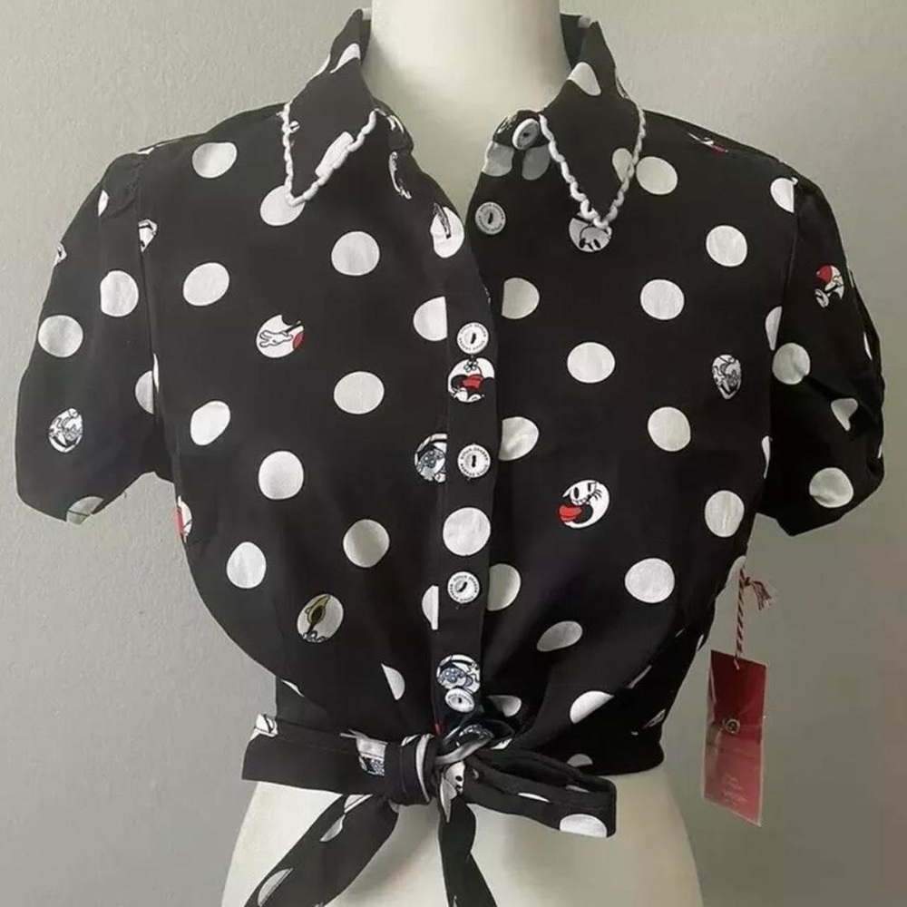 Disney Loungefly Stitch Shoppe Minnie Peek-a-Boo Polka Dot Black White Top, M